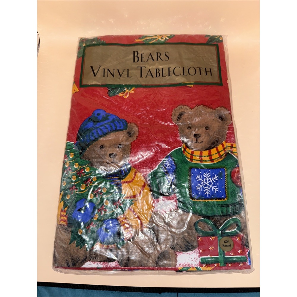 Vintage Christmas Bears Vinyl Tablecloth 60" Round Holiday Teddy Bear NIP Sealed